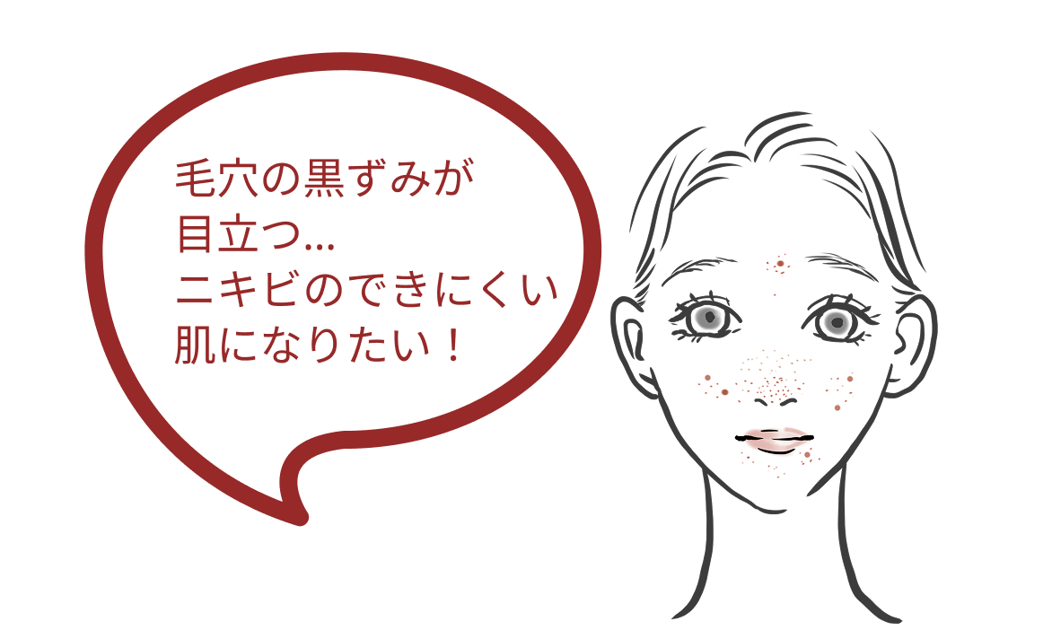 ニキビ・毛穴の黒ずみ・肌荒れの女性イラスト